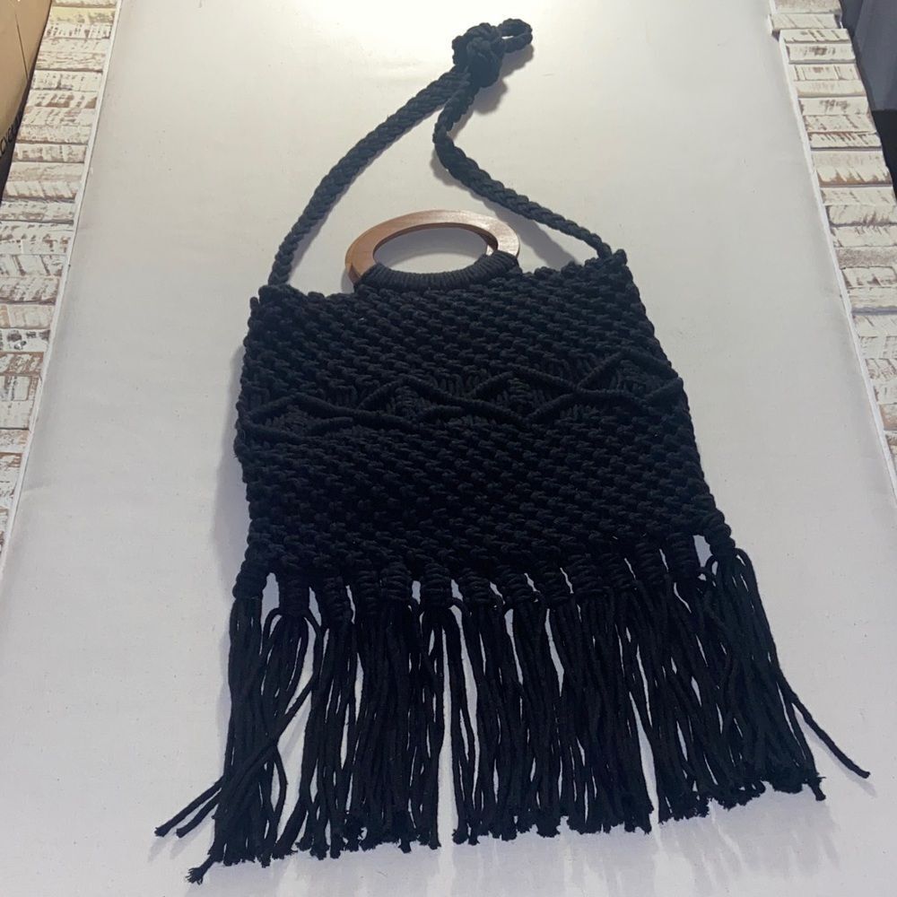 Danielle Nicole Macrame Crossbody Bag with wooden handles and fringe